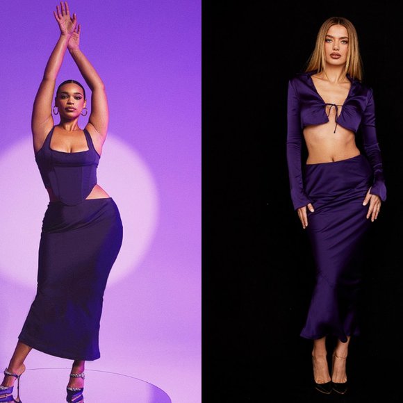 HOUSE OF CB 'Colette' Grape Satin Low Waist Midi Skirt - Picture 4 of 10